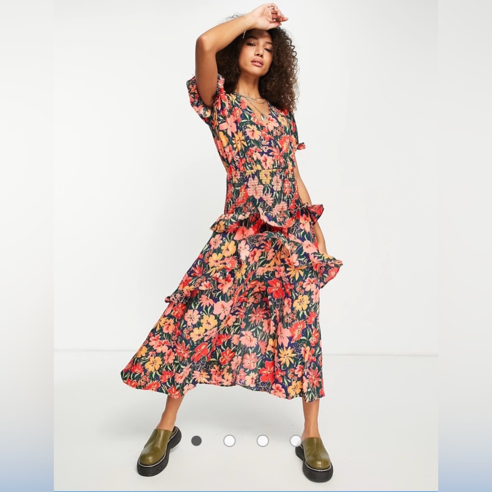TOPSHOP Shirred Waist Peplum Midi Floral Dress